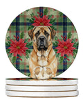 Apricot English Mastiff Christmas PoinsettIas Large Sandstone Coasters Pack of 4 Absorbent Round Coasters Decor Gifts for Men or Women, 4 in, Multicolor