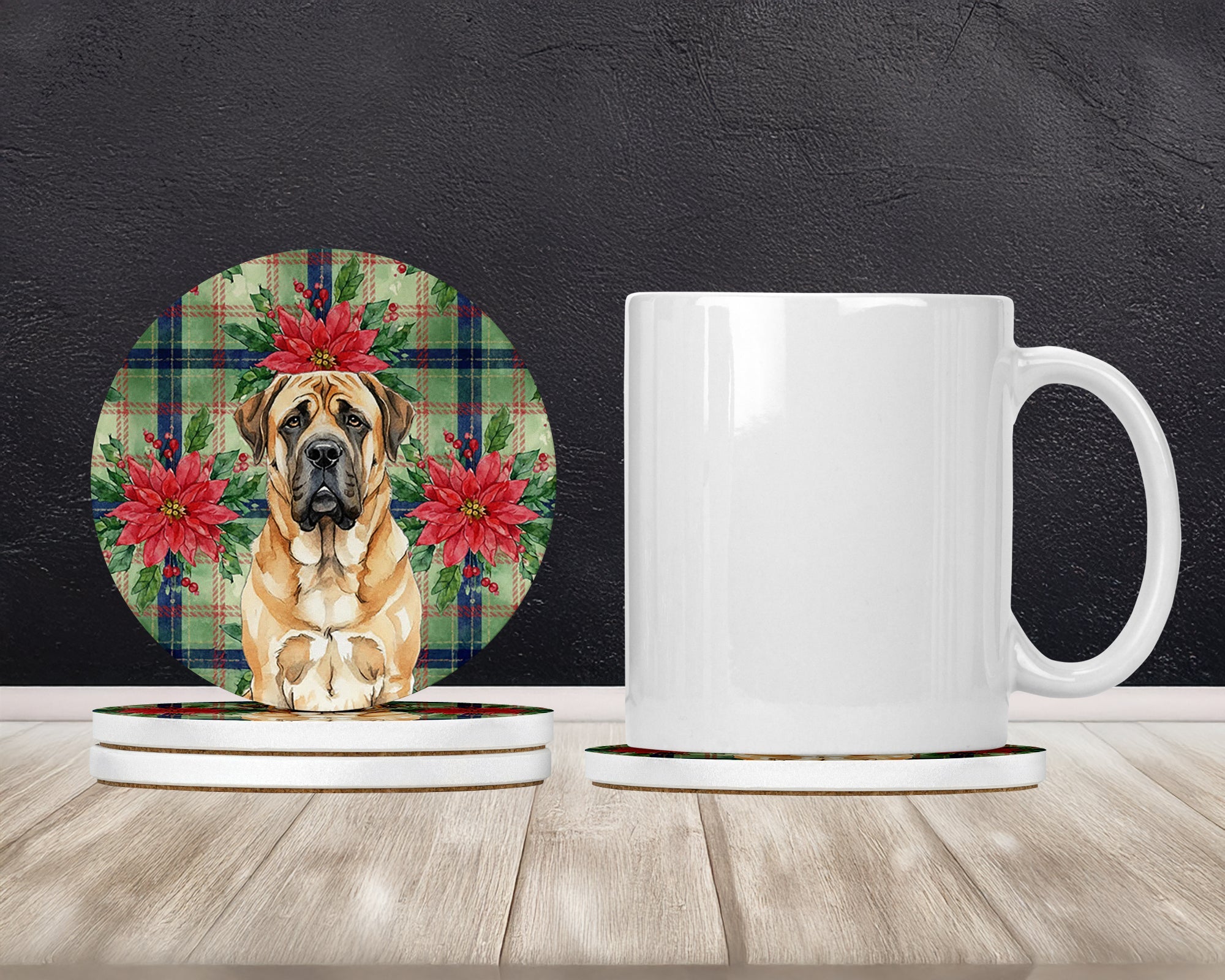 Apricot English Mastiff Christmas PoinsettIas Large Sandstone Coasters Pack of 4 Absorbent Round Coasters Decor Gifts for Men or Women, 4 in, Multicolor