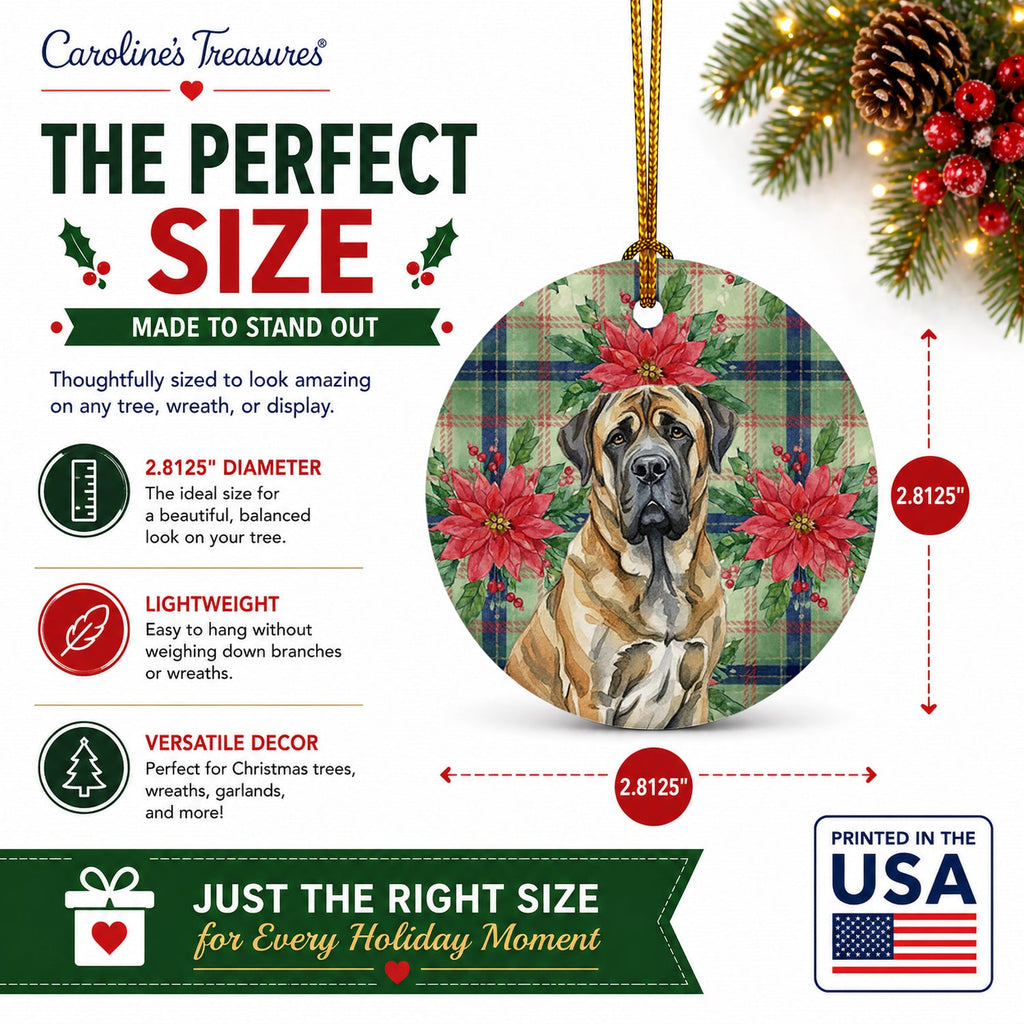 Brindle English Mastiff Christmas PoinsettIas Ceramic Ornament Christmas Tree Hanging Decorations for Home Christmas Holiday, Party, Gift, 3 in, Multicolor