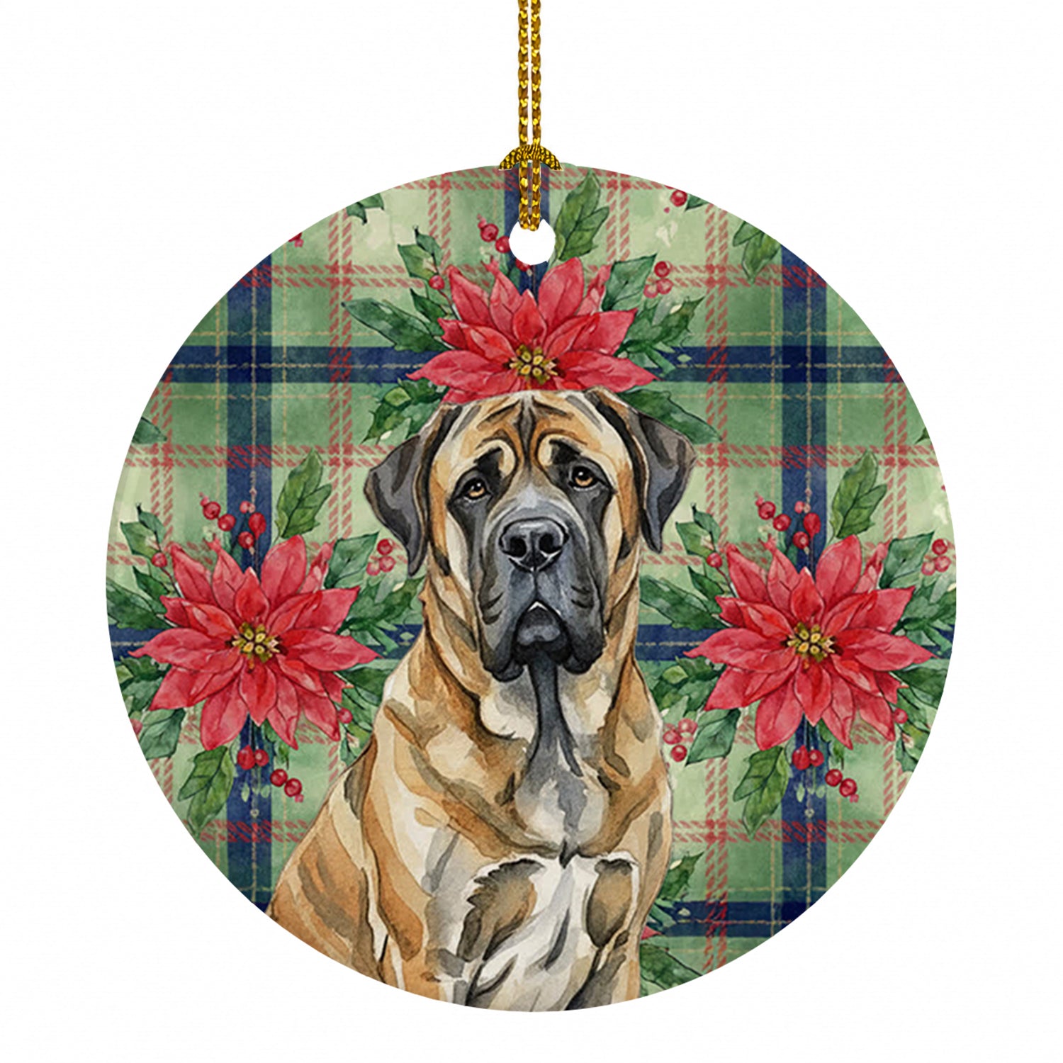 Brindle English Mastiff Christmas PoinsettIas Ceramic Ornament Christmas Tree Hanging Decorations for Home Christmas Holiday, Party, Gift, 3 in, Multicolor