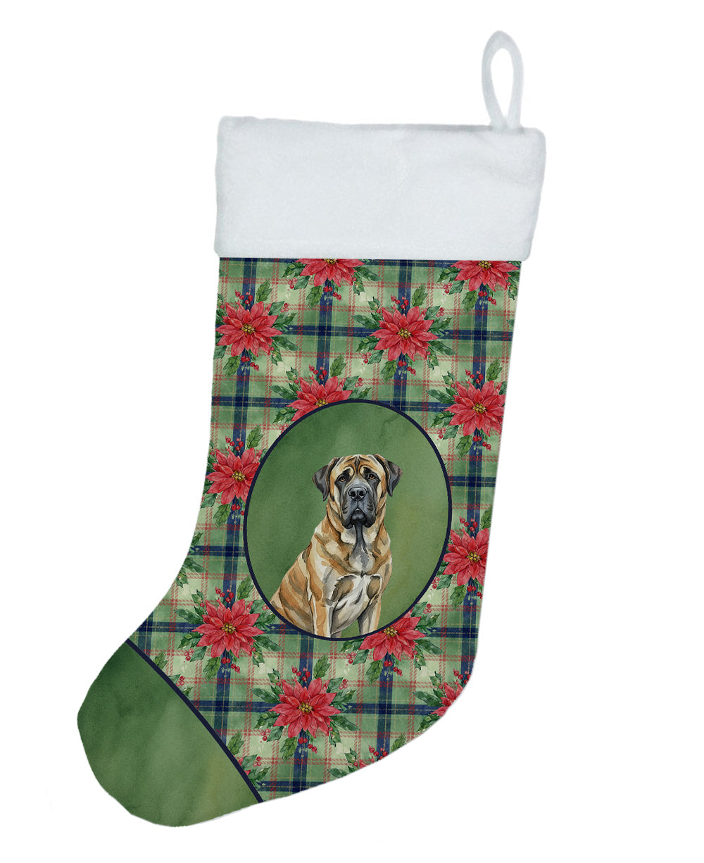 Brindle English Mastiff Christmas PoinsettIas Holiday Stocking Double-Sided Print, Polyester Suede,11x18, Made in USA