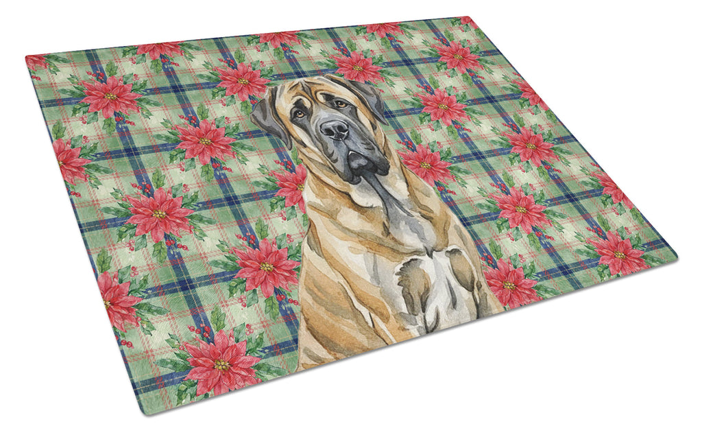 Brindle English Mastiff Christmas PoinsettIas Cutting Board Tempered Glass Kitchen Cutting Surface, Heat Resistant Chopping, Non-Slip Feet, Food Prep & Serving