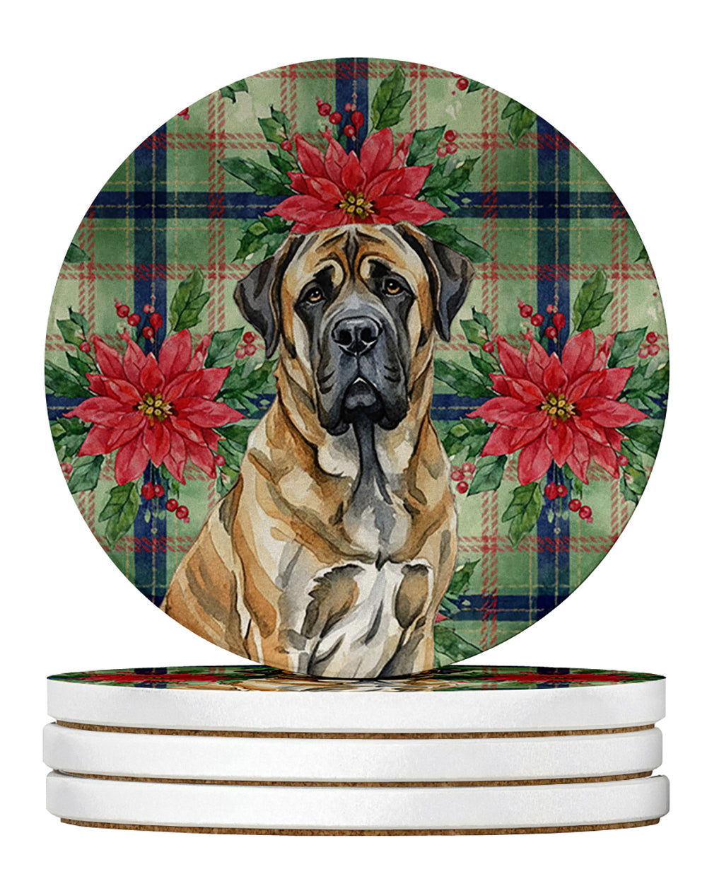 Brindle English Mastiff Christmas PoinsettIas Large Sandstone Coasters Pack of 4 Absorbent Round Coasters Decor Gifts for Men or Women, 4 in, Multicolor