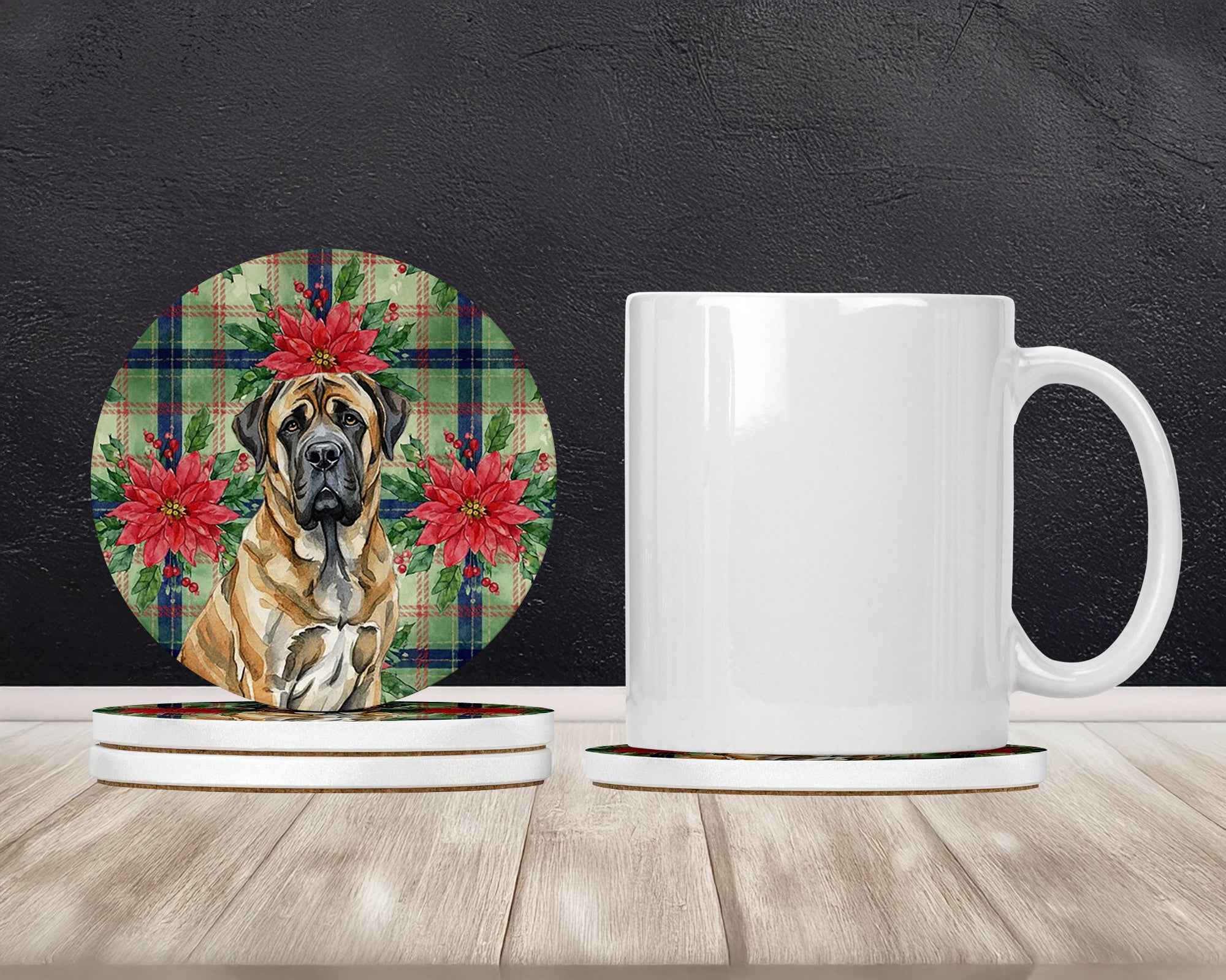 Brindle English Mastiff Christmas PoinsettIas Large Sandstone Coasters Pack of 4 Absorbent Round Coasters Decor Gifts for Men or Women, 4 in, Multicolor
