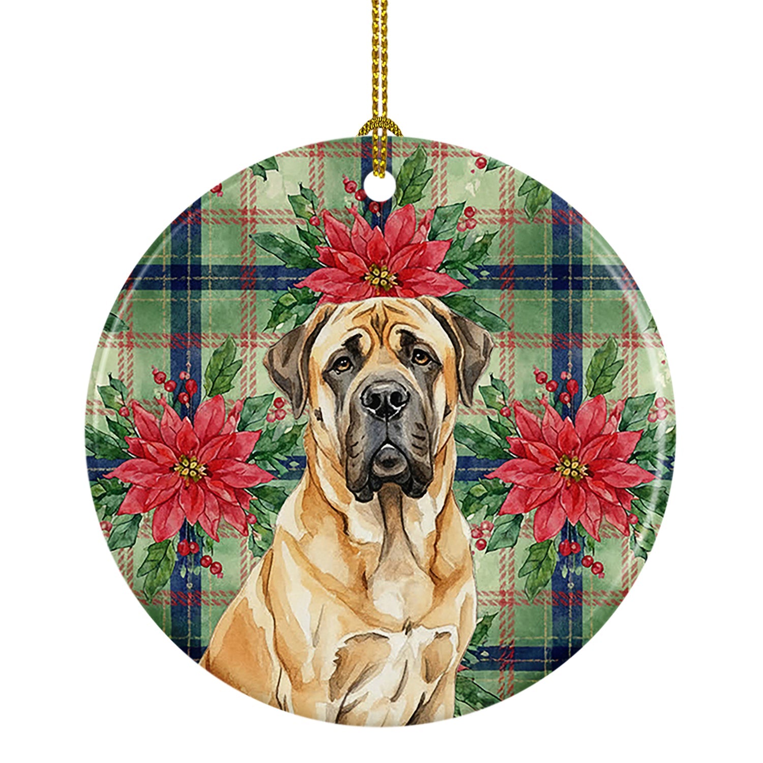 Fawn English Mastiff Christmas PoinsettIas Ceramic Ornament Christmas Tree Hanging Decorations for Home Christmas Holiday, Party, Gift, 3 in, Multicolor