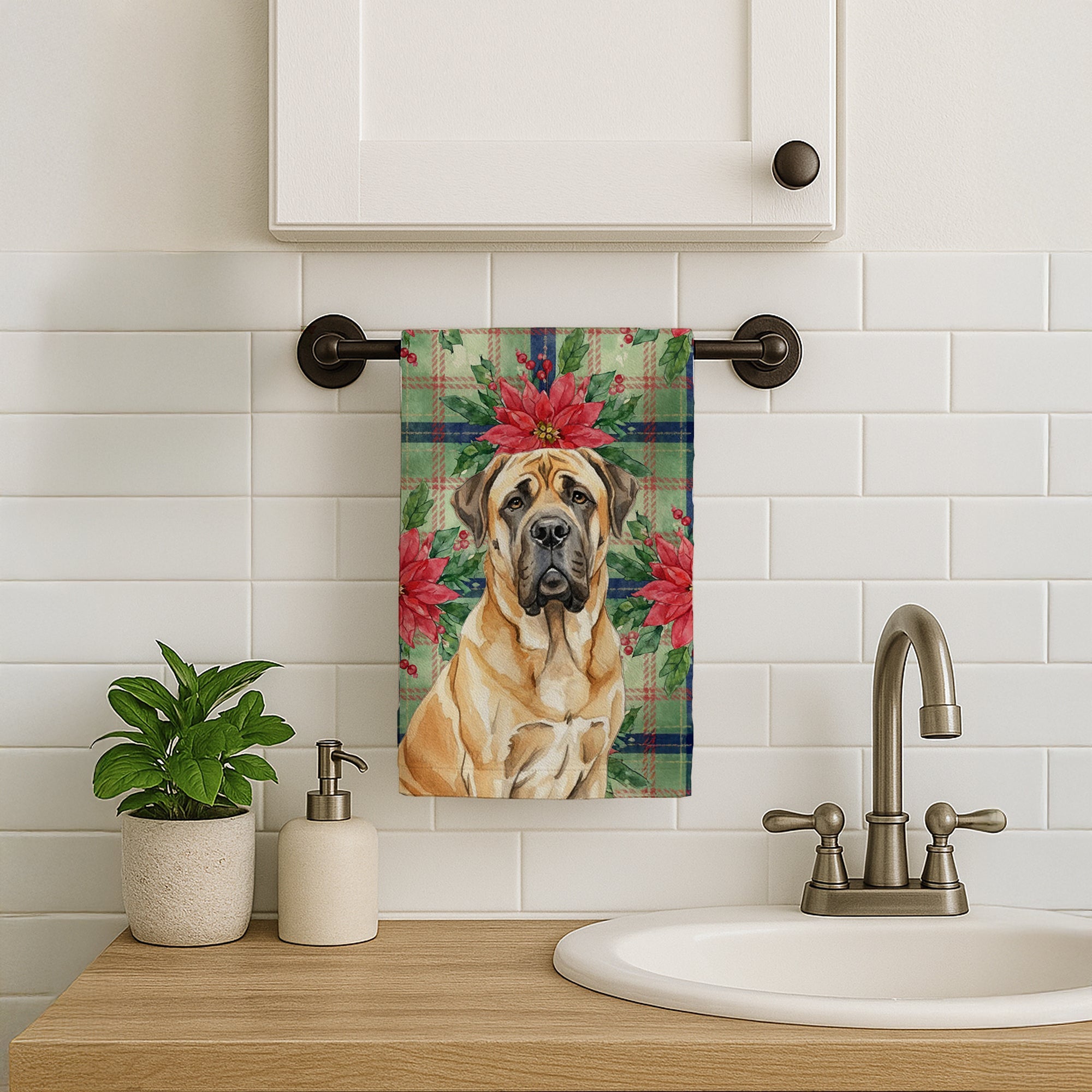 Fawn English Mastiff Christmas PoinsettIas Kitchen Towel Velour Plush Front and Cotton Loop Back Machine Washable