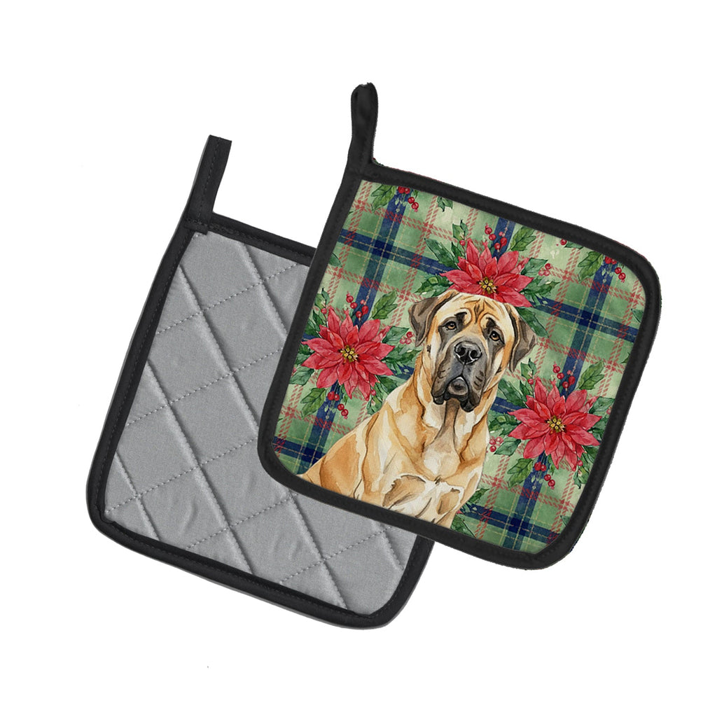Fawn English Mastiff Christmas PoinsettIas Pot Holder Set of 2 Heat Resistant Quilted Hot Pads 7.5 x 7.5 Inch, Insulated Kitchen Trivets for Cooking & Baking