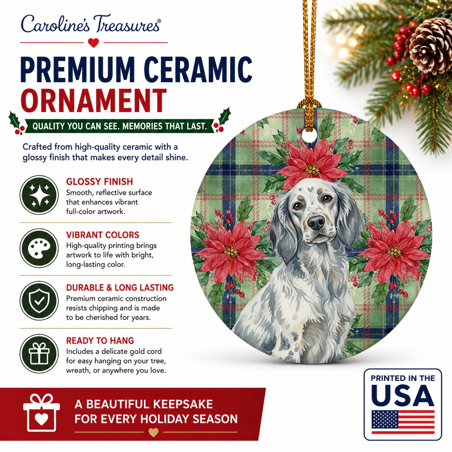 Blue Belton English Setter Christmas PoinsettIas Ceramic Ornament Christmas Tree Hanging Decorations for Home Christmas Holiday, Party, Gift, 3 in, Multicolor