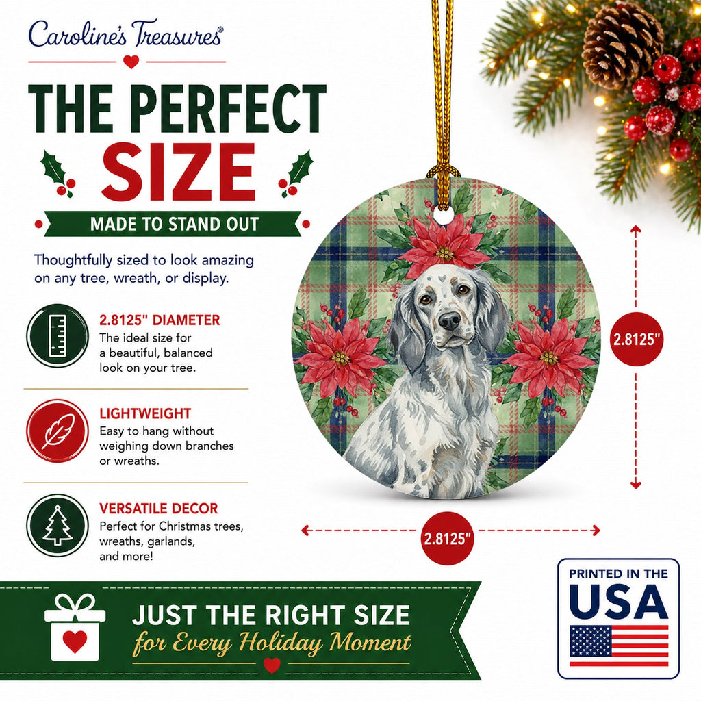 Blue Belton English Setter Christmas PoinsettIas Ceramic Ornament Christmas Tree Hanging Decorations for Home Christmas Holiday, Party, Gift, 3 in, Multicolor