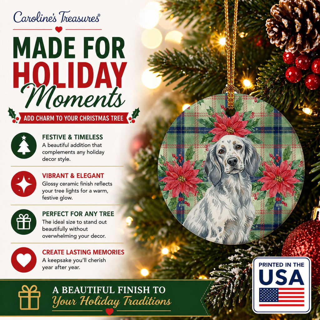 Blue Belton English Setter Christmas PoinsettIas Ceramic Ornament Christmas Tree Hanging Decorations for Home Christmas Holiday, Party, Gift, 3 in, Multicolor