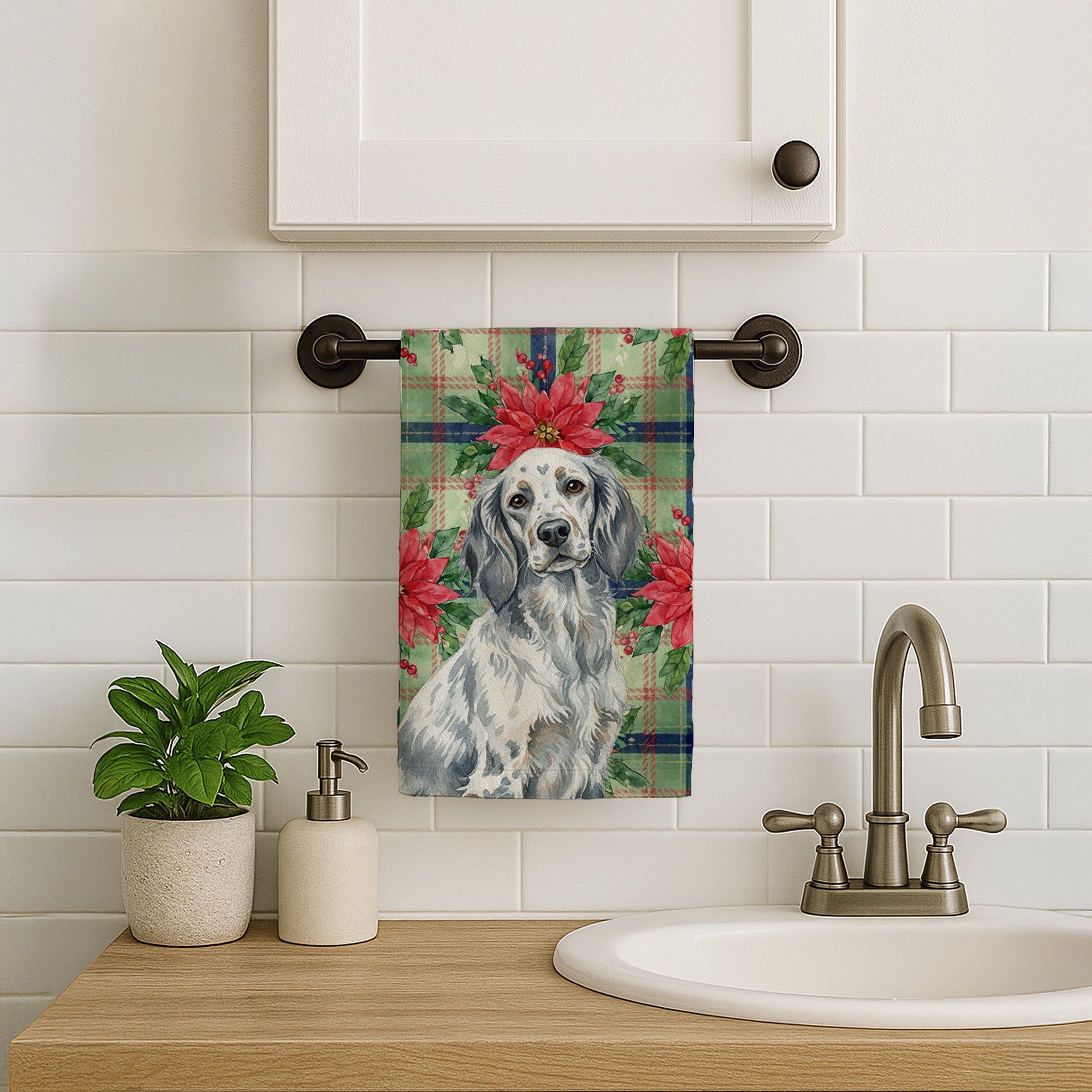 Blue Belton English Setter Christmas PoinsettIas Kitchen Towel Velour Plush Front and Cotton Loop Back Machine Washable