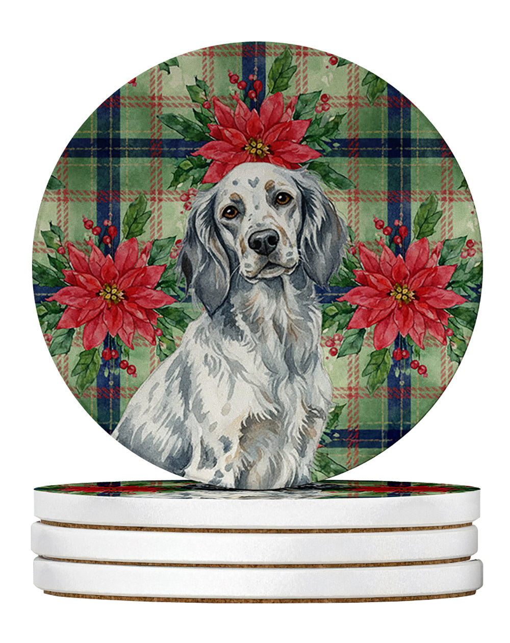 Blue Belton English Setter Christmas PoinsettIas Large Sandstone Coasters Pack of 4 Absorbent Round Coasters Decor Gifts for Men or Women, 4 in, Multicolor