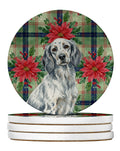 Blue Belton English Setter Christmas PoinsettIas Large Sandstone Coasters Pack of 4 Absorbent Round Coasters Decor Gifts for Men or Women, 4 in, Multicolor