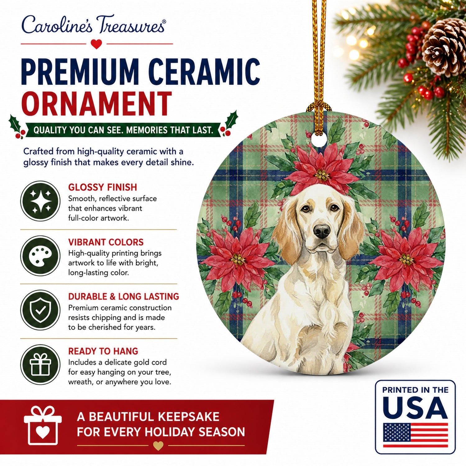 Lemon Belton English Setter Christmas PoinsettIas Ceramic Ornament Christmas Tree Hanging Decorations for Home Christmas Holiday, Party, Gift, 3 in, Multicolor