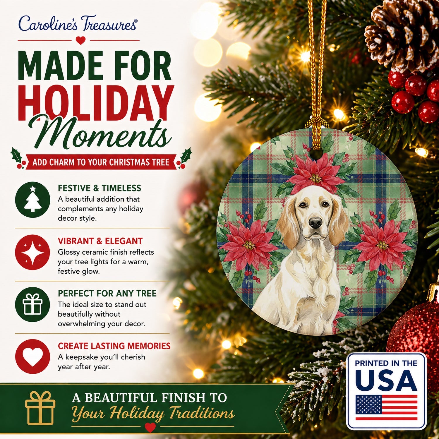 Lemon Belton English Setter Christmas PoinsettIas Ceramic Ornament Christmas Tree Hanging Decorations for Home Christmas Holiday, Party, Gift, 3 in, Multicolor