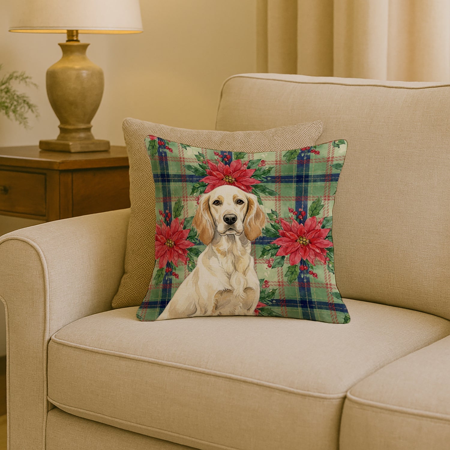 Lemon Belton English Setter Christmas PoinsettIas Decorative Throw Pillow 18x18 Indoor Outdoor Accent Cushion, Fabric Cover with Insert for Sofa, Bed, Porch & Living Room