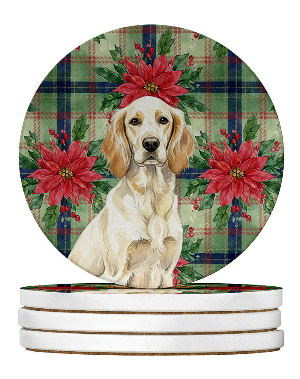 Lemon Belton English Setter Christmas PoinsettIas Large Sandstone Coasters Pack of 4 Absorbent Round Coasters Decor Gifts for Men or Women, 4 in, Multicolor