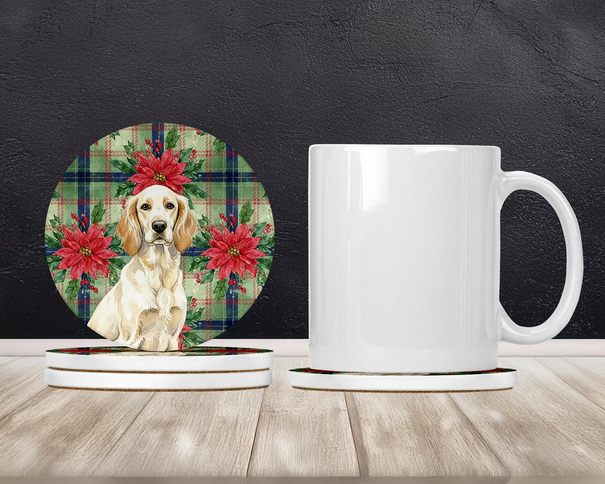 Lemon Belton English Setter Christmas PoinsettIas Large Sandstone Coasters Pack of 4 Absorbent Round Coasters Decor Gifts for Men or Women, 4 in, Multicolor