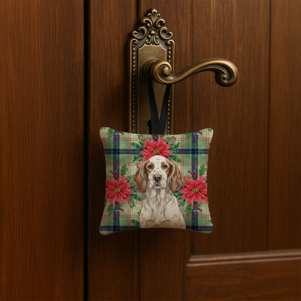 Liver Belton English Setter Christmas PoinsettIas Hanging Square Fabric Ornament 3.5 � 3.5 Decorative Door-Knob & Tree Hanger, Soft Fabric