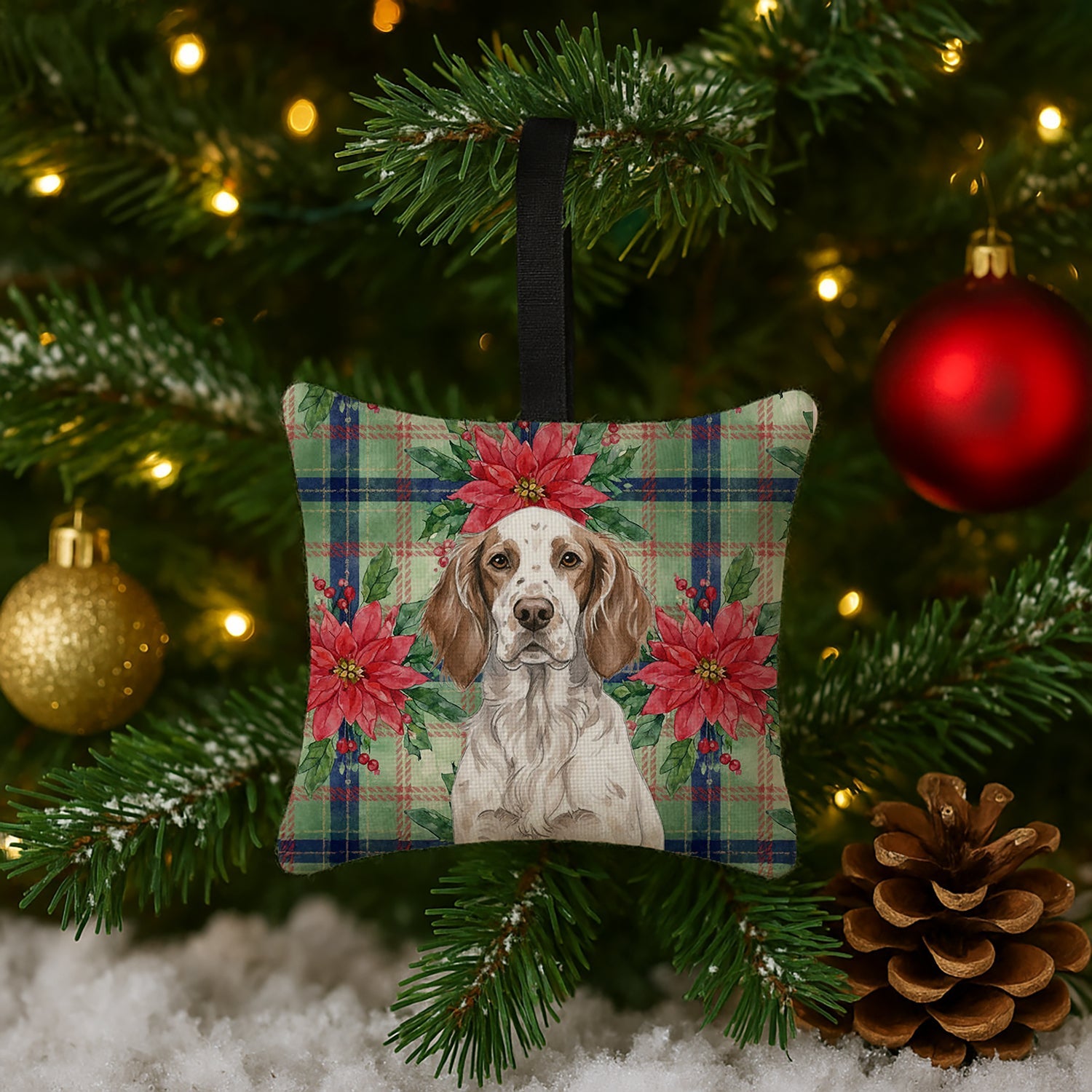 Liver Belton English Setter Christmas PoinsettIas Hanging Square Fabric Ornament 3.5 � 3.5 Decorative Door-Knob & Tree Hanger, Soft Fabric