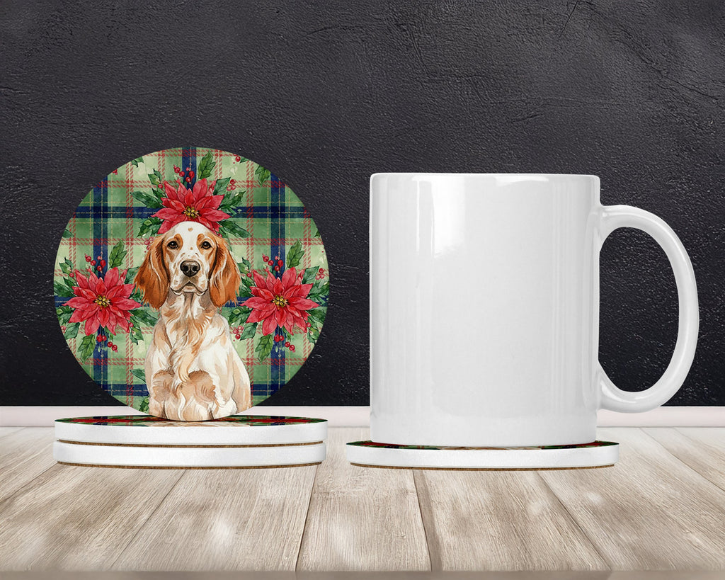 Orange Belton English Setter Christmas PoinsettIas Large Sandstone Coasters Pack of 4 Absorbent Round Coasters Decor Gifts for Men or Women, 4 in, Multicolor