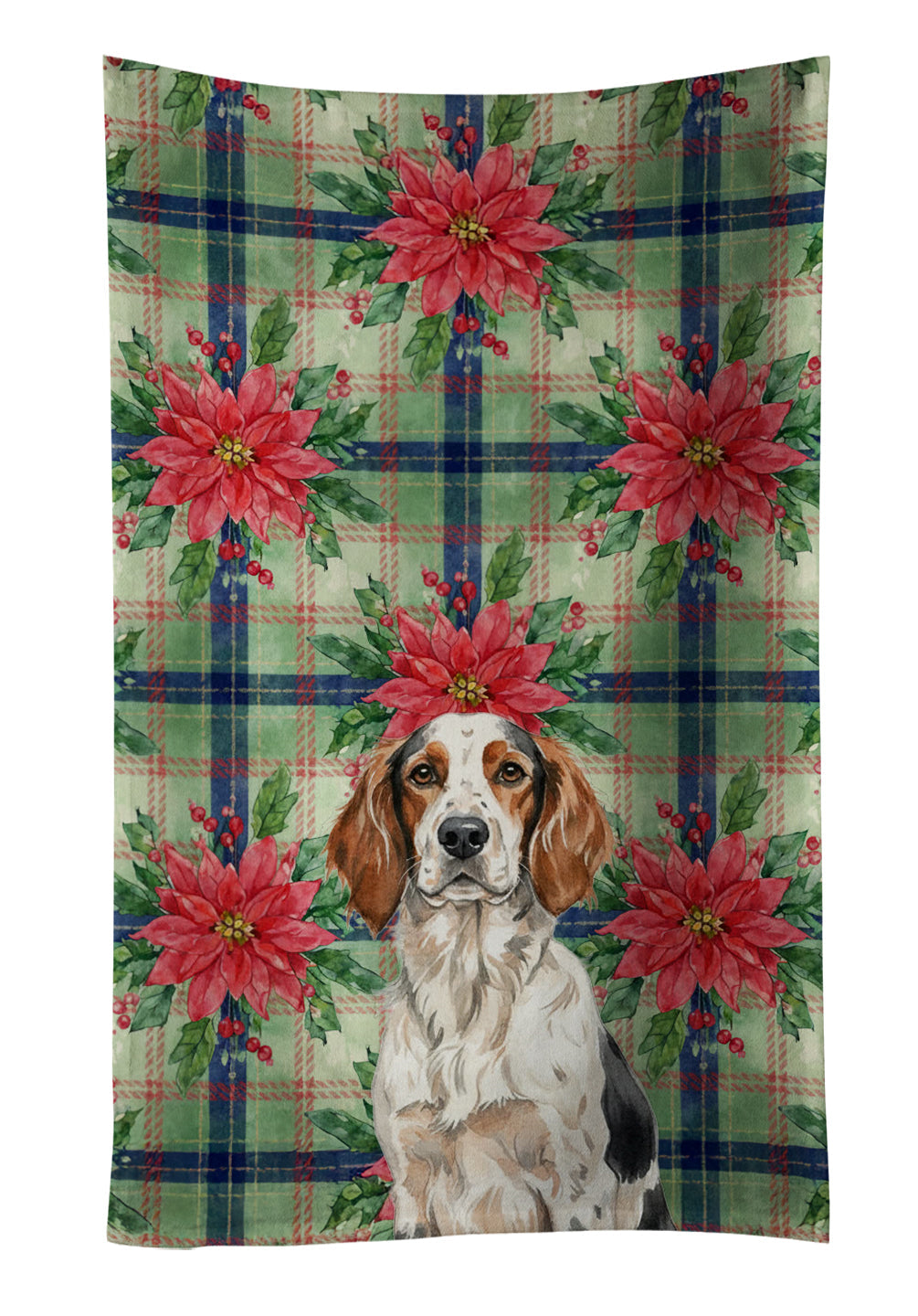 Tricolor English Setter Christmas PoinsettIas Kitchen Towel Velour Plush Front and Cotton Loop Back Machine Washable