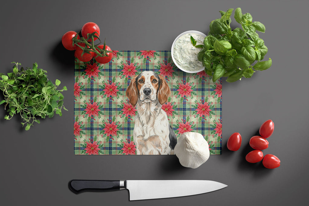 Tricolor English Setter Christmas PoinsettIas Cutting Board Tempered Glass Kitchen Cutting Surface, Heat Resistant Chopping, Non-Slip Feet, Food Prep & Serving