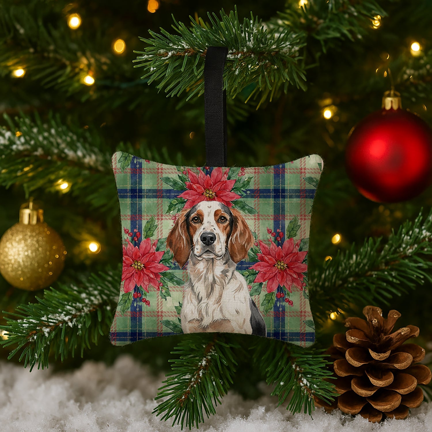 Tricolor English Setter Christmas PoinsettIas Hanging Square Fabric Ornament 3.5 � 3.5 Decorative Door-Knob & Tree Hanger, Soft Fabric