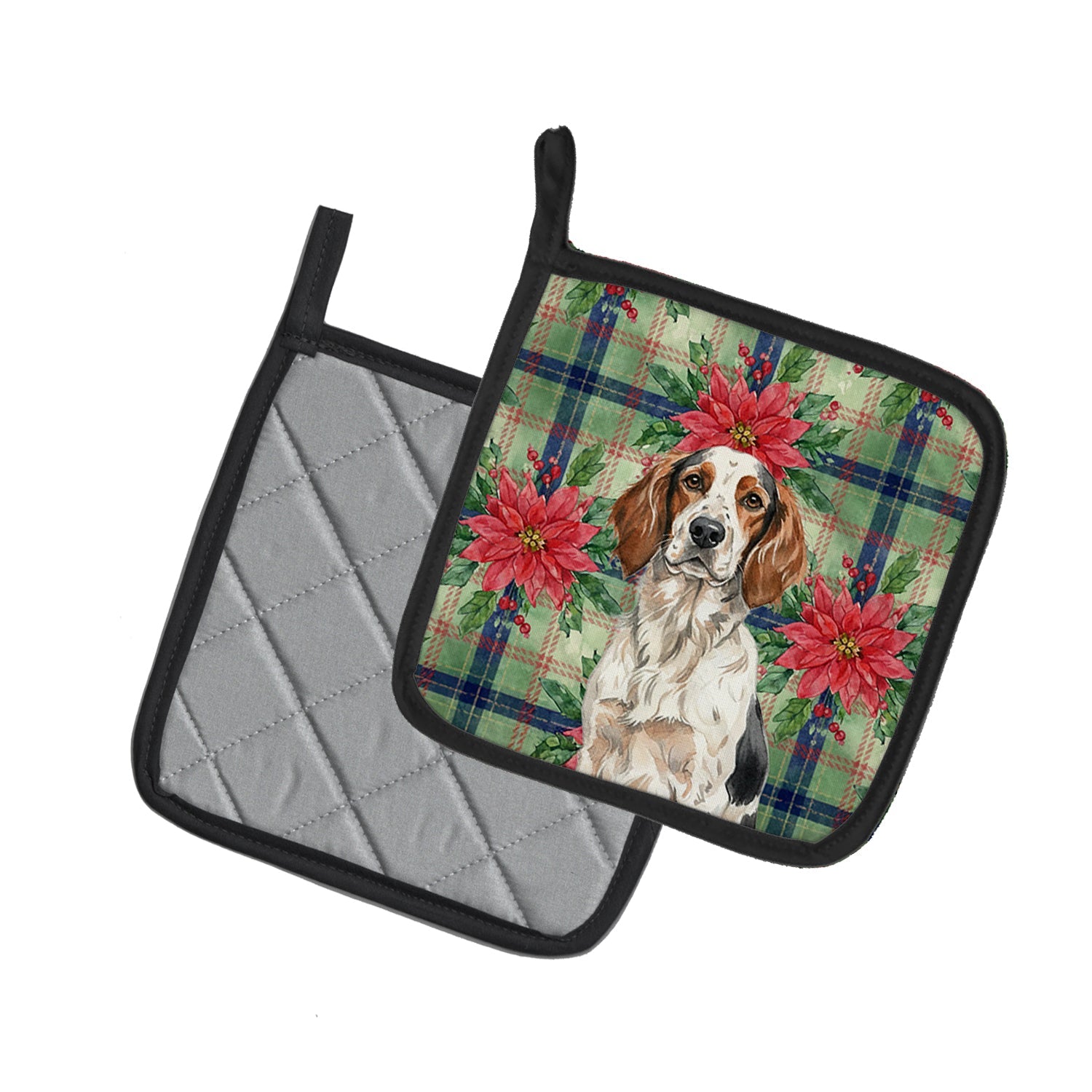 Tricolor English Setter Christmas PoinsettIas Pot Holder Set of 2 Heat Resistant Quilted Hot Pads 7.5 x 7.5 Inch, Insulated Kitchen Trivets for Cooking & Baking