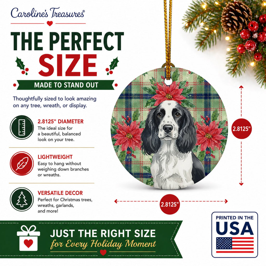 Black and White English Springer Spaniel Christmas PoinsettIas Ceramic Ornament Christmas Tree Hanging Decorations for Home Christmas Holiday, Party, Gift, 3 in, Multicolor