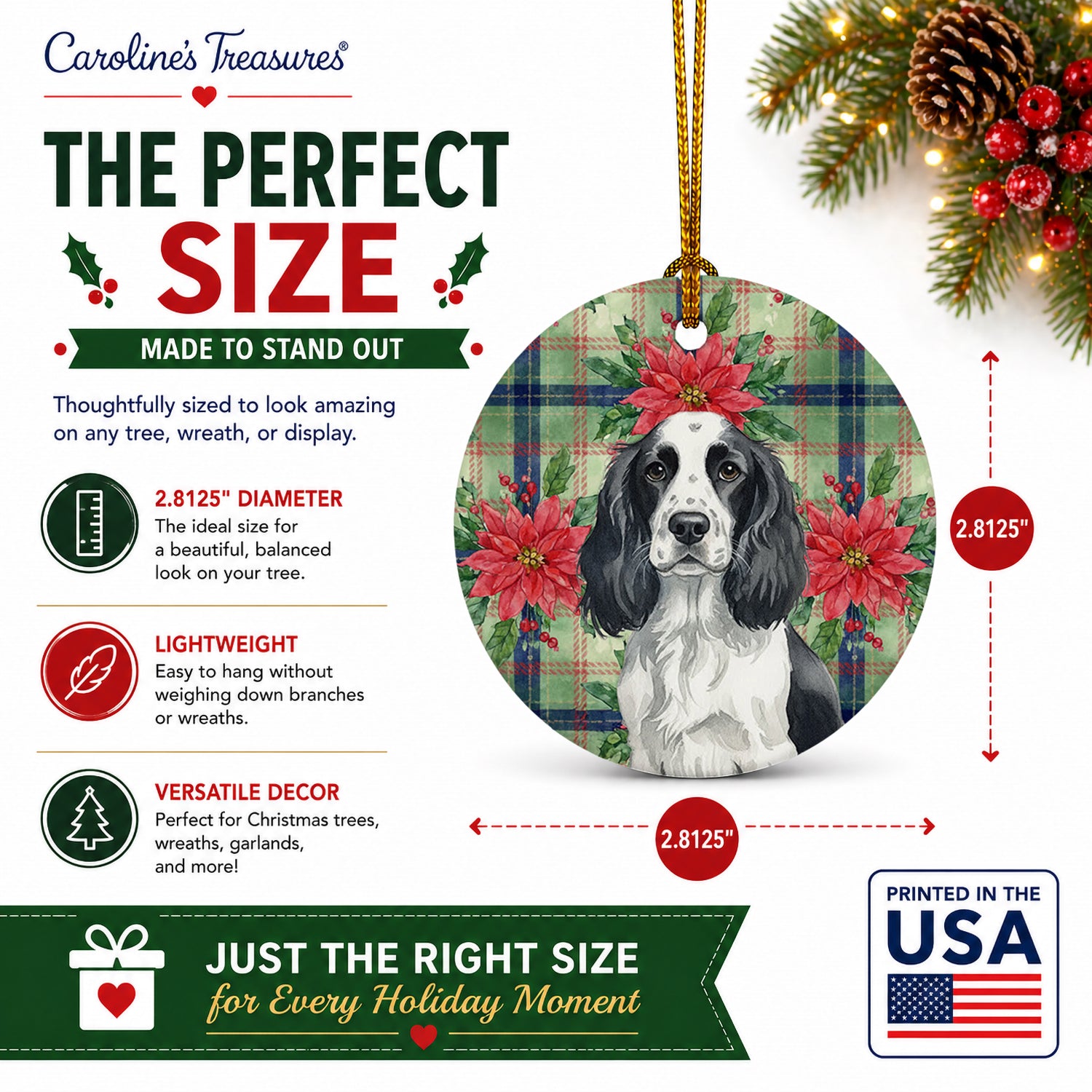 Black and White English Springer Spaniel Christmas PoinsettIas Ceramic Ornament Christmas Tree Hanging Decorations for Home Christmas Holiday, Party, Gift, 3 in, Multicolor