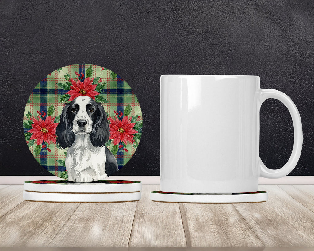 Black and White English Springer Spaniel Christmas PoinsettIas Large Sandstone Coasters Pack of 4 Absorbent Round Coasters Decor Gifts for Men or Women, 4 in, Multicolor