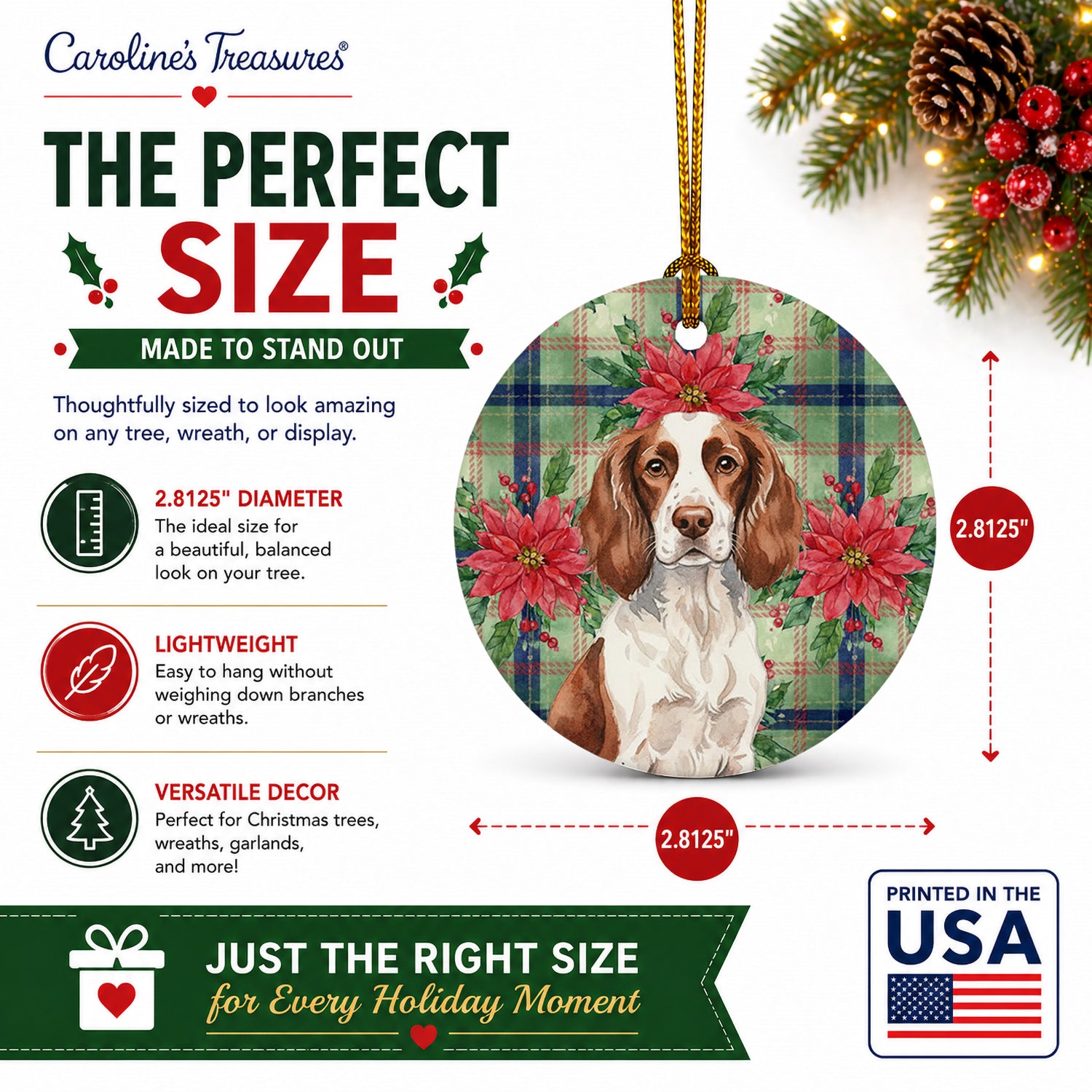 Liver and White English Springer Spaniel Christmas PoinsettIas Ceramic Ornament Christmas Tree Hanging Decorations for Home Christmas Holiday, Party, Gift, 3 in, Multicolor