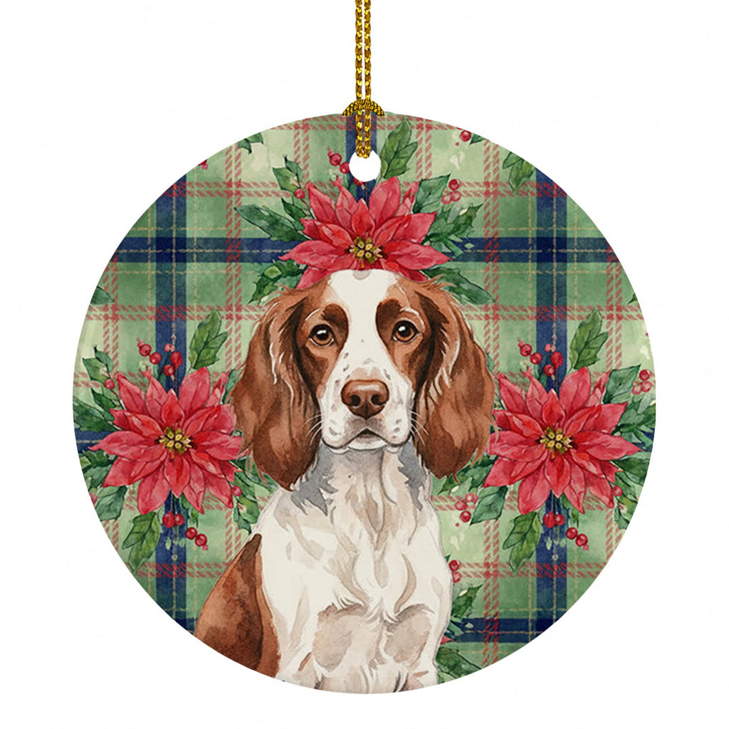 Liver and White English Springer Spaniel Christmas PoinsettIas Ceramic Ornament Christmas Tree Hanging Decorations for Home Christmas Holiday, Party, Gift, 3 in, Multicolor