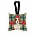 Liver and White English Springer Spaniel Christmas PoinsettIas Hanging Square Fabric Ornament 3.5 � 3.5 Decorative Door-Knob & Tree Hanger, Soft Fabric