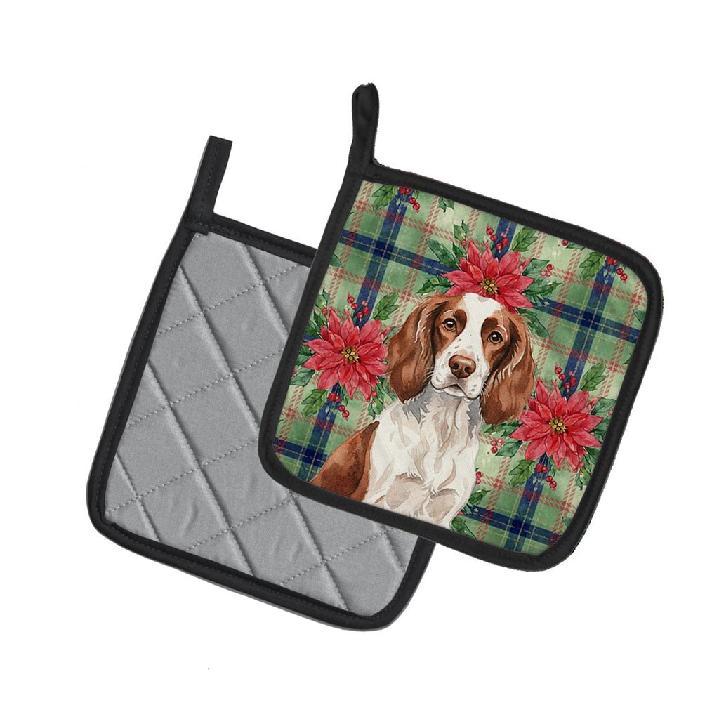 Liver and White English Springer Spaniel Christmas PoinsettIas Pot Holder Set of 2 Heat Resistant Quilted Hot Pads 7.5 x 7.5 Inch, Insulated Kitchen Trivets for Cooking & Baking
