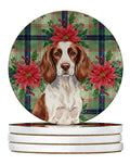 Liver and White English Springer Spaniel Christmas PoinsettIas Large Sandstone Coasters Pack of 4 Absorbent Round Coasters Decor Gifts for Men or Women, 4 in, Multicolor