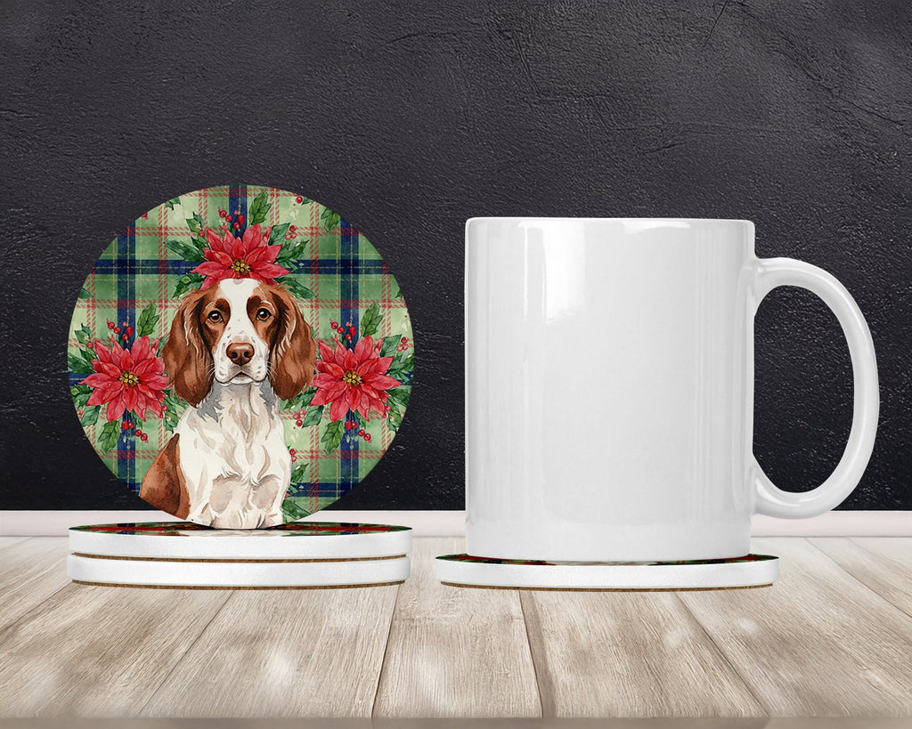 Liver and White English Springer Spaniel Christmas PoinsettIas Large Sandstone Coasters Pack of 4 Absorbent Round Coasters Decor Gifts for Men or Women, 4 in, Multicolor