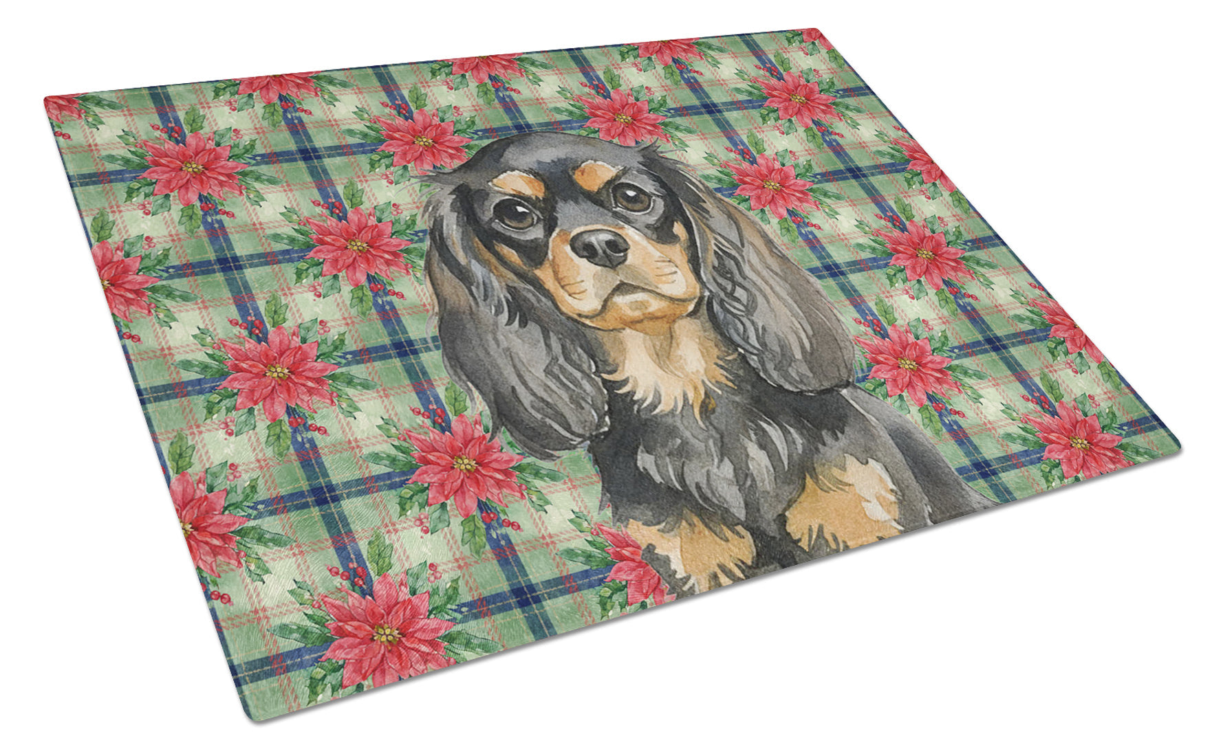 Black and Tan English Toy Spaniel Christmas PoinsettIas Cutting Board Tempered Glass Kitchen Cutting Surface, Heat Resistant Chopping, Non-Slip Feet, Food Prep & Serving