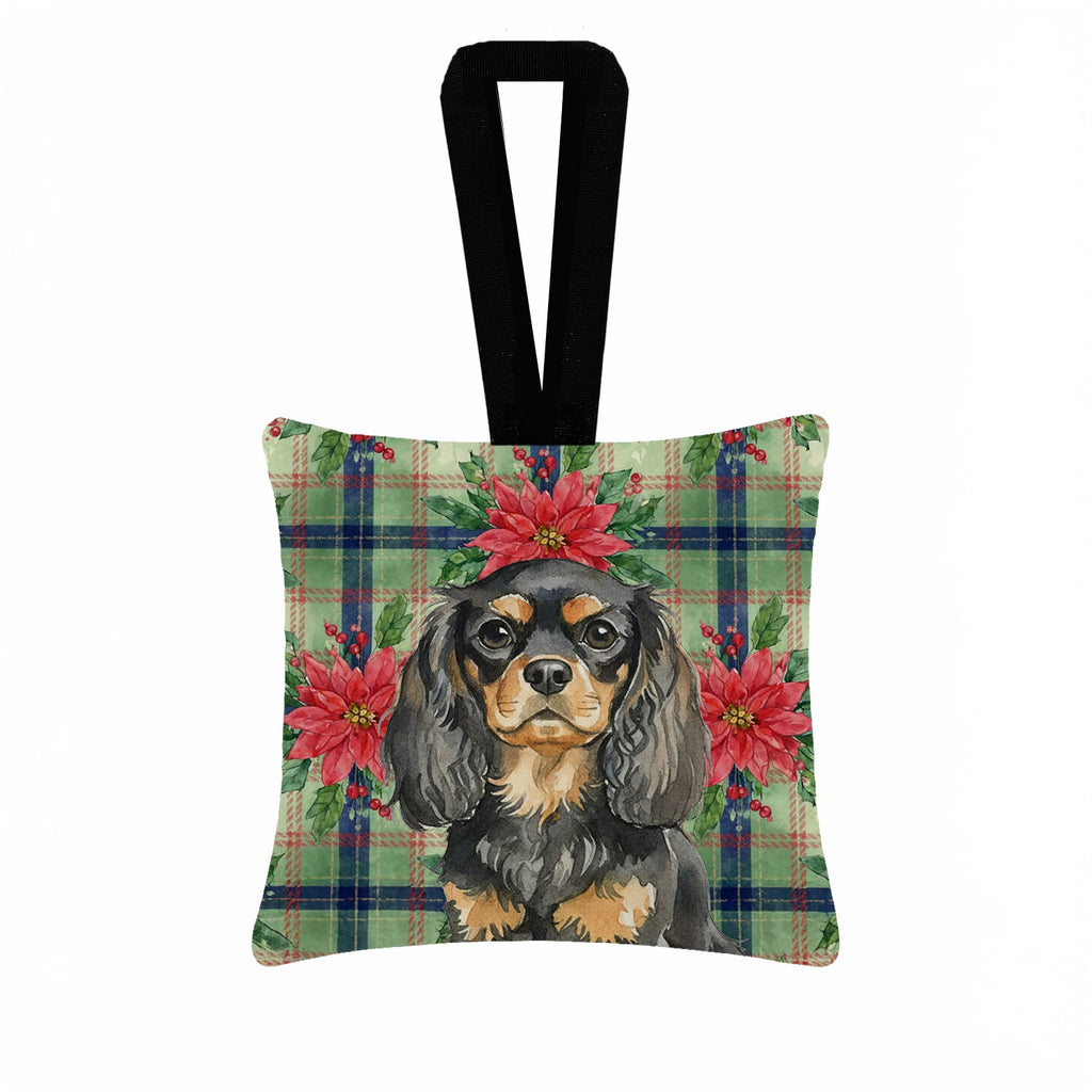 Black and Tan English Toy Spaniel Christmas PoinsettIas Hanging Square Fabric Ornament 3.5 � 3.5 Decorative Door-Knob & Tree Hanger, Soft Fabric