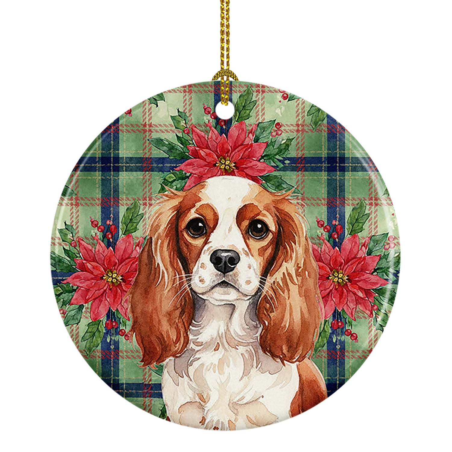 Blenheim English Toy Spaniel Christmas PoinsettIas Ceramic Ornament Christmas Tree Hanging Decorations for Home Christmas Holiday, Party, Gift, 3 in, Multicolor