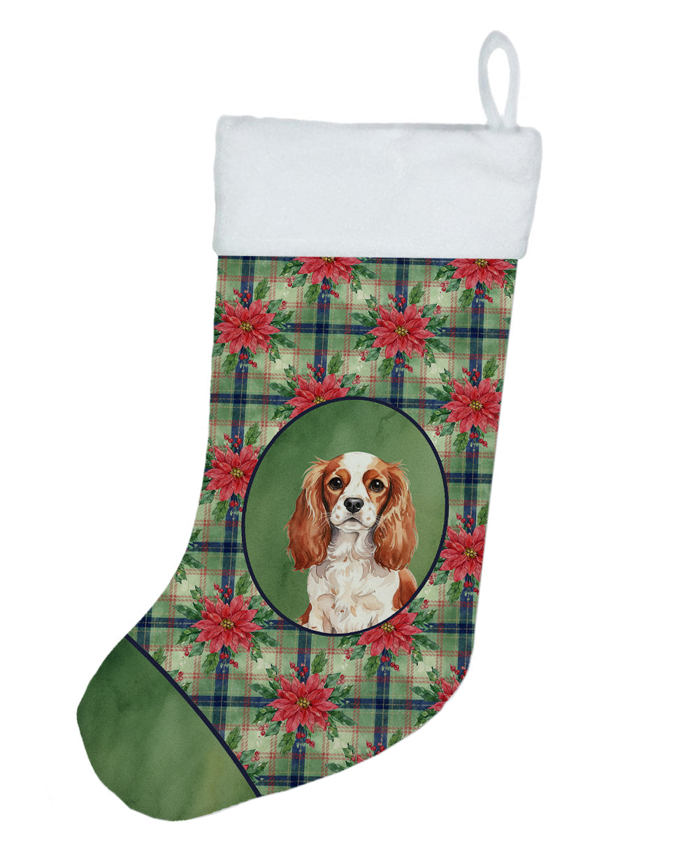 Blenheim English Toy Spaniel Christmas PoinsettIas Holiday Stocking Double-Sided Print, Polyester Suede,11x18, Made in USA