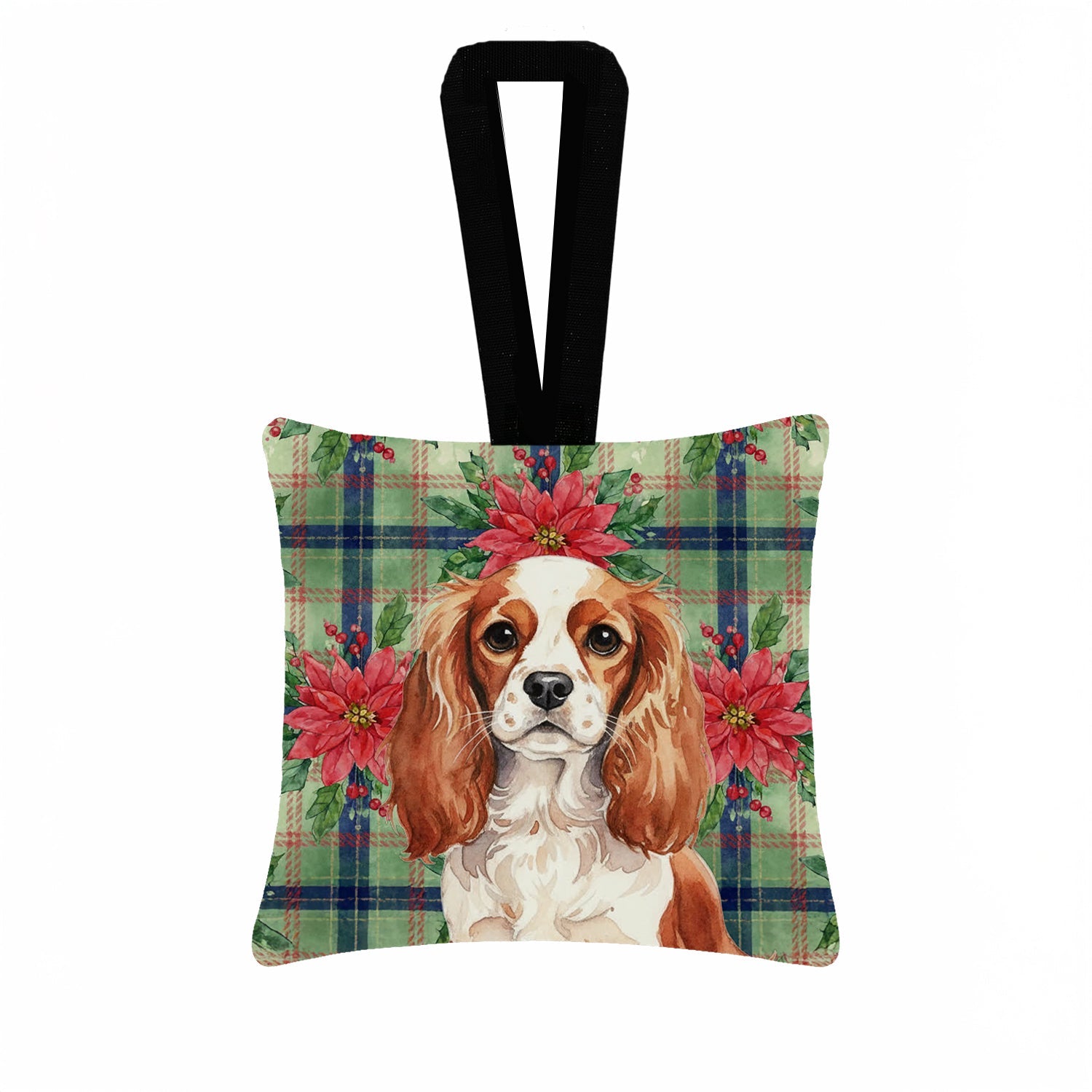 Blenheim English Toy Spaniel Christmas PoinsettIas Hanging Square Fabric Ornament 3.5 � 3.5 Decorative Door-Knob & Tree Hanger, Soft Fabric