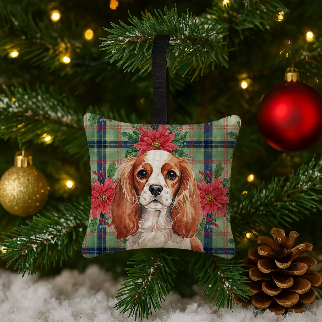 Blenheim English Toy Spaniel Christmas PoinsettIas Hanging Square Fabric Ornament 3.5 � 3.5 Decorative Door-Knob & Tree Hanger, Soft Fabric