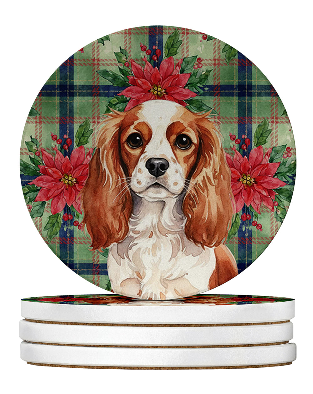 Blenheim English Toy Spaniel Christmas PoinsettIas Large Sandstone Coasters Pack of 4 Absorbent Round Coasters Decor Gifts for Men or Women, 4 in, Multicolor