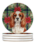 Blenheim English Toy Spaniel Christmas PoinsettIas Large Sandstone Coasters Pack of 4 Absorbent Round Coasters Decor Gifts for Men or Women, 4 in, Multicolor