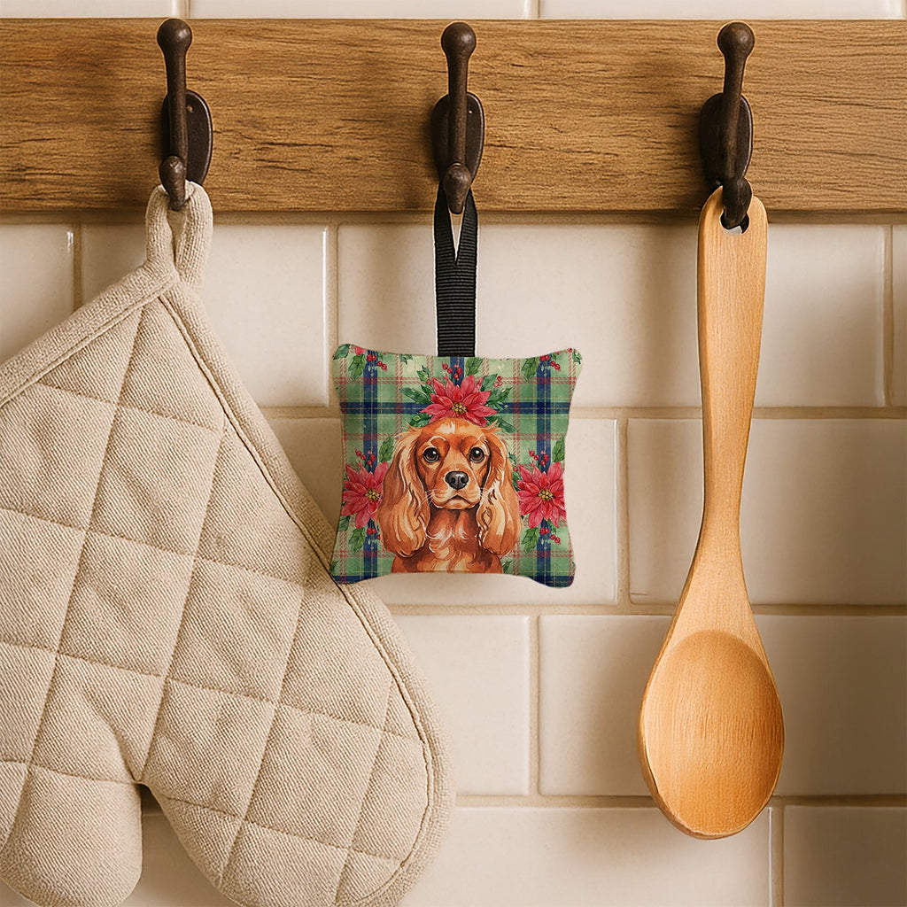 Ruby English Toy Spaniel Christmas PoinsettIas Hanging Square Fabric Ornament 3.5 � 3.5 Decorative Door-Knob & Tree Hanger, Soft Fabric