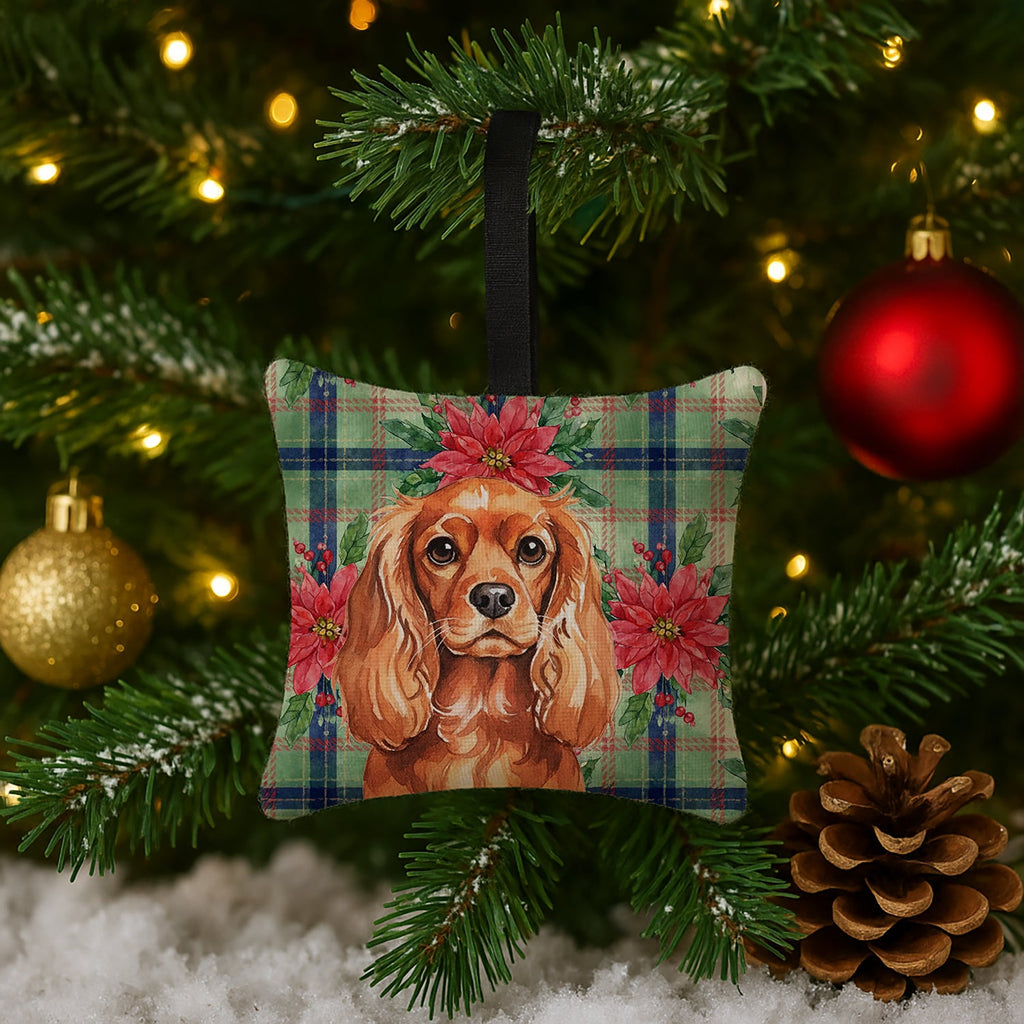 Ruby English Toy Spaniel Christmas PoinsettIas Hanging Square Fabric Ornament 3.5 � 3.5 Decorative Door-Knob & Tree Hanger, Soft Fabric