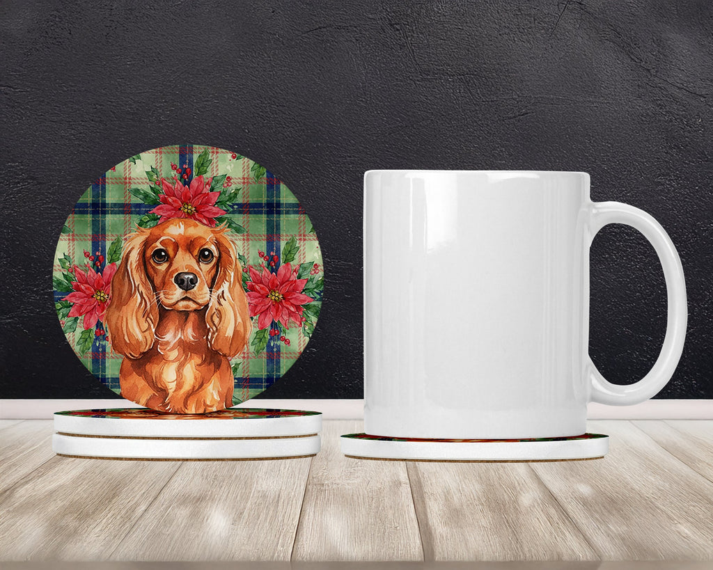 Ruby English Toy Spaniel Christmas PoinsettIas Large Sandstone Coasters Pack of 4 Absorbent Round Coasters Decor Gifts for Men or Women, 4 in, Multicolor