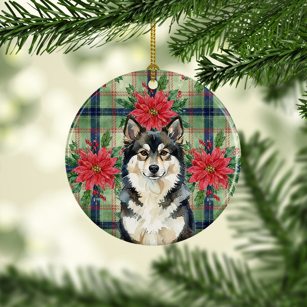 Finnish Lapphund Christmas PoinsettIas Ceramic Ornament Christmas Tree Hanging Decorations for Home Christmas Holiday, Party, Gift, 3 in, Multicolor